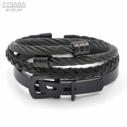 FYSARA 3pcs/Set Men Stainless Steel Cable Wire Black Bracelets Set Belt Buckle Bangles Punk Street Boy Pulseira Jewelry 240408