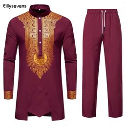 Men's Tracksuits In 2 Pieces Sets Abaya Clothing Shirt Pant Set Long Sleeve Elegant African Ethnic Style Round Neck Suit Kaftan