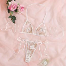 Bras Sets Floral Embroidery Unlined Bra Set Sexy Transparent Mesh Lace Underwire Lingerie Nightwear Multiple Colours Free Size