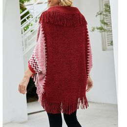 Knitting Cloak Shawl Fringed Colour Matching Sweater Women Bat Sleeve Ponchos and Capes Autumn Winter