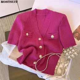 Summer Slim Knit V-neck Sweater Tees Women Short Sleeve Single-breasted Padded Crop Tops Sexy Vintage High Street Knitwear 240410