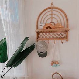 Vintage Rainbow Rattan Wall Hooks Kids Garments Organiser Rack Clothes Hat Hanging Hook Rattan Bed Room Cosmetic Decor Shelf