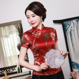 Dresses Chinese Women Print Blouse Plus Size 3XL 4XL Elegant Female Tang Top Short Sleeve Vintage Shirt Mandarin Collar Tops A0101