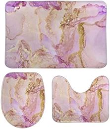 Bath Mats 3 Pieces Bathroom Rug Set Of Include Trendy Purple Golden Marble Contour Mat Lid Cover For