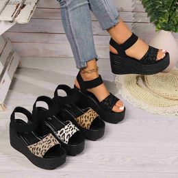 Sandals Leisure Womens 2024 Summer Thick Sole Slope Heel Fish Mouth Elastic Large Size Shoes H240410