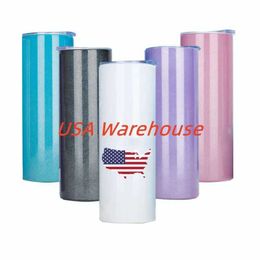 Mugs USA Warehouse Stainless Steel Rainbow Shimmer Mug 20oz Doubler Wall White Glitter Sublimation Tumbler With Metal Straw 240410