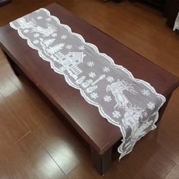 Christmas Tree Snowman Santa Table Runner White Lace Snowflake Table Cover For Home Tablecloth Birthday Wedding Xmas Party Decor