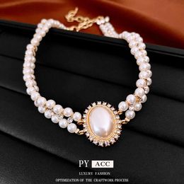 Diamond Inlaid Oval Double-layer Pearl Necklace, Female French Niche Collarbone Chain, Light Temperament, Versatile Jewelry