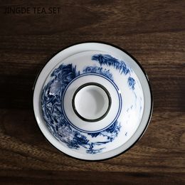 Chinese Vintage Blue and White Porcelain Gaiwan Handmade Ceramic Tea Bowl Teacup Home Teaware Tea Ceremony Personal Cup