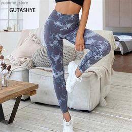 Yoga Outfits Gutashye Tie Dye Sport Leggings Women Gym Yoga Seamless Pants Sportswear Clothes Stretchy Hip Fitness Legging Activewear Y240410