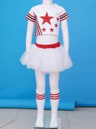Kids Girls Cheerleader Costume Jazz Cheerleading Outfit Dance Crop Top With Mesh Tutu Skirt And Stocks Set Performance Wear