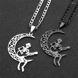 Pendant Necklaces Punk Crescent Moon Skull Playing Guitar Necklace For Women Men Stainless Steel Male Hip Hop Music Jewellery 8070-QKC