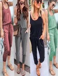 Fashion Slim Summer Jump Suits Women Lace Up Solid Casual Rompers Spaghetti Strap Pocket Black Jumpsuits Sport Ladies Clothes8663695