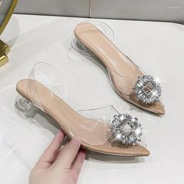 Sandals 2024 Arrival Burgundy Pointed Transparent Stiletto Rhinestone Sexy Baotou High Heels Wedding Shoes