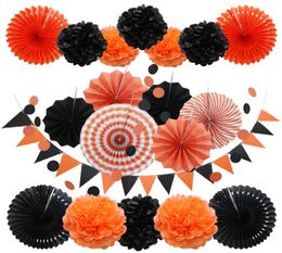 Party Decoration Halloween set 20pcsset Black and Gold Hanging Paper Fans Paper pompom Triangle Bunting Flags for Happy Birthday 7644544