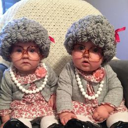 Kids Boy Girl Hat Cute Old Lady Woman Curly Hair Wig Cap Skullies Beanies Winter Knitted Children Baby Hats and Caps for Boys