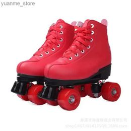 Inline Roller Skates PU Leather Double-row Roller Skates for Men and Women 4 Flash Wheels Skating Shoes Training Sneakers Adult Kids Red Y240410