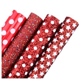 30cmX134cm Red With White Dot Star Chunky Glitter Fabric Faux Synthetic Leather For DIY Bows Craft Sewing HD020m