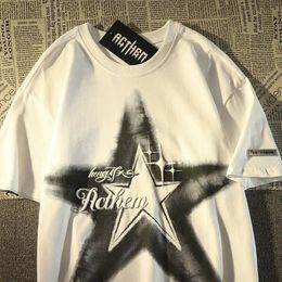 American Street Hiphop Star Print Short Sleeve T-shirt for Men and Women Y2K Clothing Oversize Summer Relaxed Casual Couple Top 240315