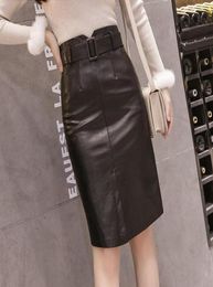 Women039s Pu Leather Skirt Black Split Ins Super Fire Pencil Skirt Female Autumn Winter High Waist Belt KneeLength Skirts ML287854573