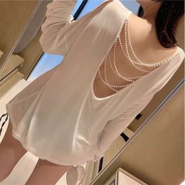 Long Sleeved T-shirt for Women in Spring and Autumn, with A Design Sense of Hollowed Out Net Red, Careful of Machinery, Sexy Pearl, Leaky Back, Thin Top