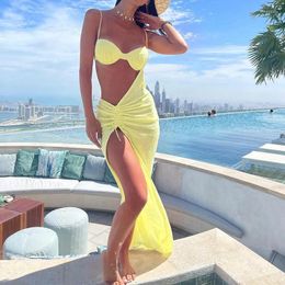 Melphieer Yellow Bikini Cover Up Spaghetti Strap Sexy Backless Maxi Dress Summer Holiday Women Dresses Hollow Out Sundress