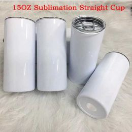 Mugs 15oz Sublimation White Blanks Straight Skinny Tumbler With Sealed Lid Straw Stainless Steel Double Vacuum Water Bottle For Gift 240410