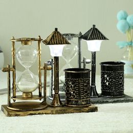 Creative Retro Hourglass Timer Craft Sand Timer Sand Clock With Flashing Pen Holder Night Lamp For Table Home Decor Gift