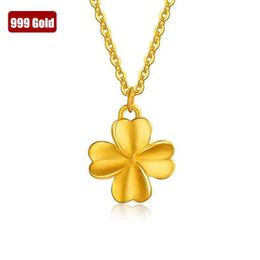 Pendant Necklaces 999 Pure Gold Pendant Necklace Real 24K Gold Four-leaf Clover Pendant for Women Fine Jewellery Wedding Gift 240410