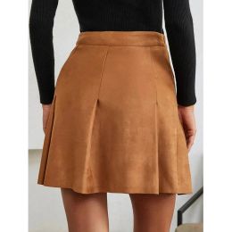 Gothic Suede Brown 4XL 5XL Pleated Skirt Women High Waist Stretchy Mini Skirts Office Flared Pleated A-line Circle Skater Skirts