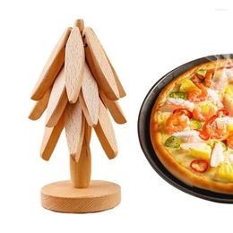 Table Mats Folding Wood Trivet Mat Anti Scald Wooden Solid Small Tree Insulation Pad For Kitchen Countertops