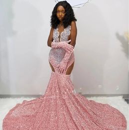 Sparkling Peach Pink Long Prom Dress 2024 For Black Girls Luxury Sexy Diamante Sequins See Through Birthday Party Gowns Vestidos