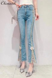Women's Jeans Heavy Beads 3D Flower For Women 2024 Summer Fashion High Waist Slimming Stretch Ankle-Length Micro-Flared Trousers