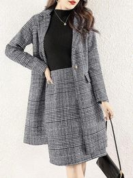 Work Dresses Autumn Winter Plaid Bandage Woolen Blazer Office Women 2 Piece Set Korean Long Sleeve Coat And Midi High Waist A-line Skirt