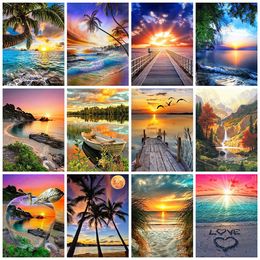 Huacan Diamond Mosaic Embroidery Cross Stitch Landscape Rhinestones Pictures Diamond Painting Full Square Seaside Sunset