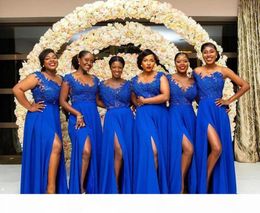 Black Girl South African Chiffon Lace Bridesmaids Dresses A Line Cap Sleeve Split Long Maid of Honor Gowns Plus Size Custom Made5101171