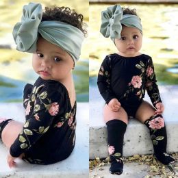 2pcs Newborn Baby Girls Floral Bodysuit Long Sleeve Jumpsuit Socks Casual Clothes Set