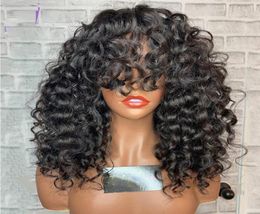 Afro Curly 55 Silk Top Lace Front Wig with Bangs Pre Plucked Hairline Malaysian Human Hair Short Kinky Curly Lace Wig for Women3568446