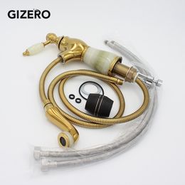 Basin Pull Out Faucet Golden Polish Marble Stone Luxury Bathroom Sink Mixer Tap Deck Mount Gold Faucet Mixer Crane ZR490