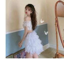 skirt Real Ostrich Feather Furry White Mini Short Skirts Lady Female Women's Skirt S22