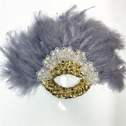 African Turkey Feather Handfan with Sequins for Nigerian Wedding Party, Marriage Bride Fan