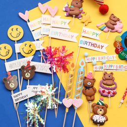 Children's Day Retro Korean Smiling Face Bear Baby Happy Birthday Cake Topper Baking Insert Card Dessert Soft Pottery Decoration