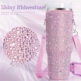 Outdoors H2.0 40oz Tumblers Handle Lid Straw Thermos Bottles With Shiny Rhinestone Protect Hanging Bag Mugs Stainless Steel Coffee Termos Cup Camping Sports Travel