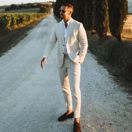 Linen Wedding Tuxedo Slim Fit Men Suit Notched Lapel Jacket with Pants 2 Pieces Set for Summer 240407