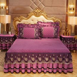 Luxury Bedspread Sheet Sets Embroidery Bed Skirt Pillowcases Duvet Cover Sets Home Warm Thickening Bedding Sapphire Blue Sheets