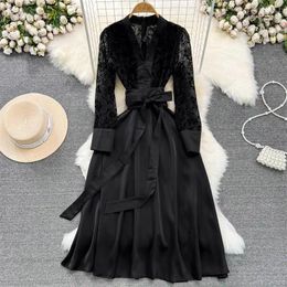 Casual Dresses Fashionable And Elegant Dress Women 2024 Autumn Long Sleeve V-Neck Mesh Stitching Waistband Slimming A-Line Vestido Z3636