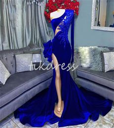 Sexy Royal Blue Evening Dresses 2024 Single One Shoulder Sleeves Mermaid Prom Dress For Black Girls Appliques Split Dance Formal Party Gowns Unique robe de soiree