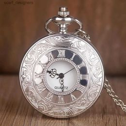 Pocket Watches Fashion Silver Hollow Dial Steampunk Quartz Pocket Stainless Steel Pendant Chain Gift for Men Women Friend Y240410
