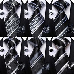 Neck Ties Luxury Black Silver Striped Flower Tie for Mens Silk Polyester Wedding Party Formal Necklace Handle Cufflinks GiftC240410