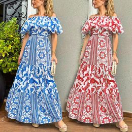 Flirty and Feminine Sexy European and American Style Off-the-Shoulder High Waist Bohemian Print Maxi Dress Featuring a Floral Pattern in Red or Blue AST88181